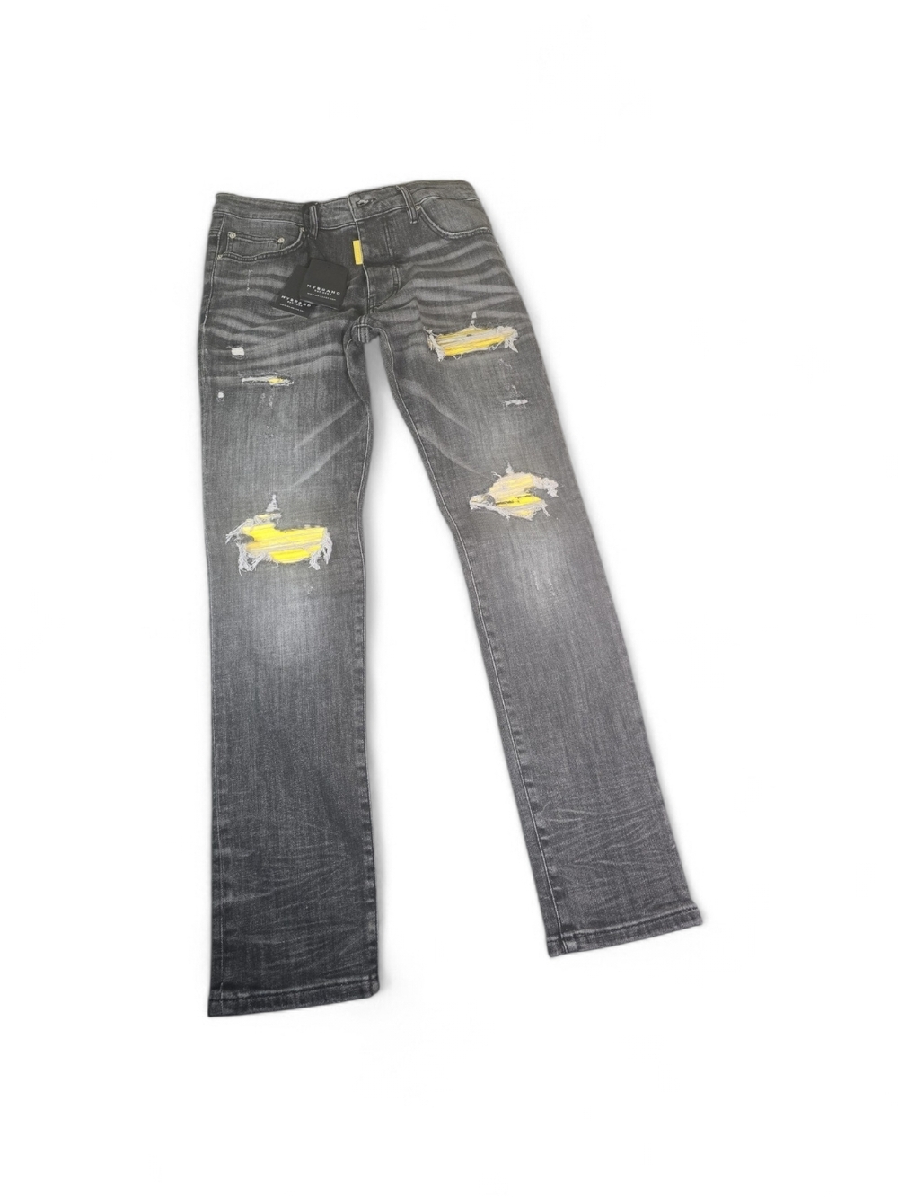 Men's Skinny Gray Jeans with Yellow Patch Accents